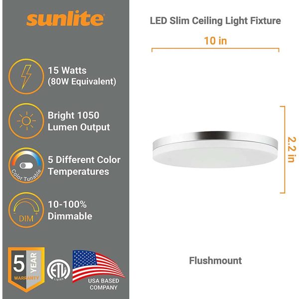 Sunlite 10-in 15w Round LED Solid Band Fixture CCT Tunable White Finish For Sale