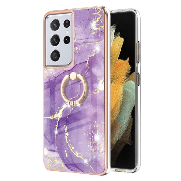 Marble patterned cover with ring holder for Samsung Galaxy S21 Ultra 5G - Purple Marble Haze Online Sale