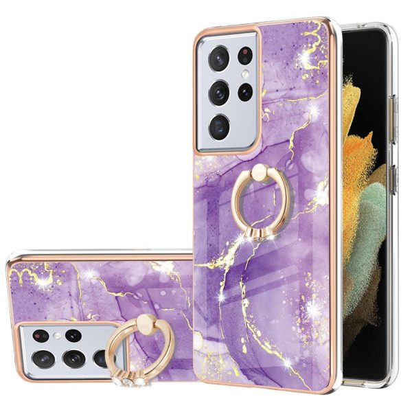 Marble patterned cover with ring holder for Samsung Galaxy S21 Ultra 5G - Purple Marble Haze Online Sale