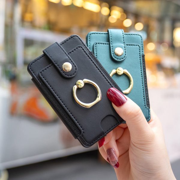 Universal leather card holder with finger ring - Black Online Sale