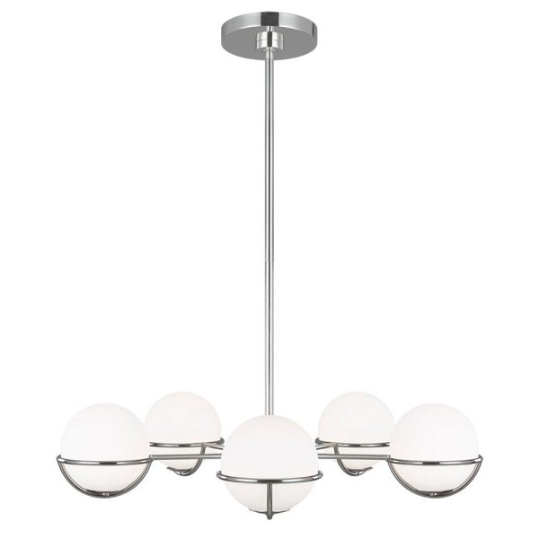 Apollo LED Chandelier 5Lt Burnished Brass, Polished Nickel For Sale